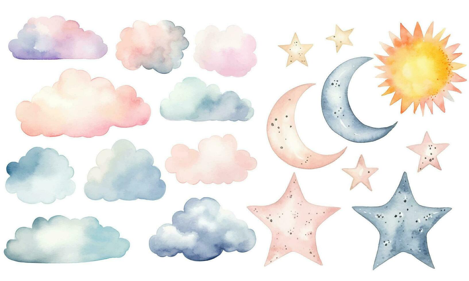 conjunto de acuarela vector nubes, sol, luna, estrellas. fantasía pastel color. guardería elementos