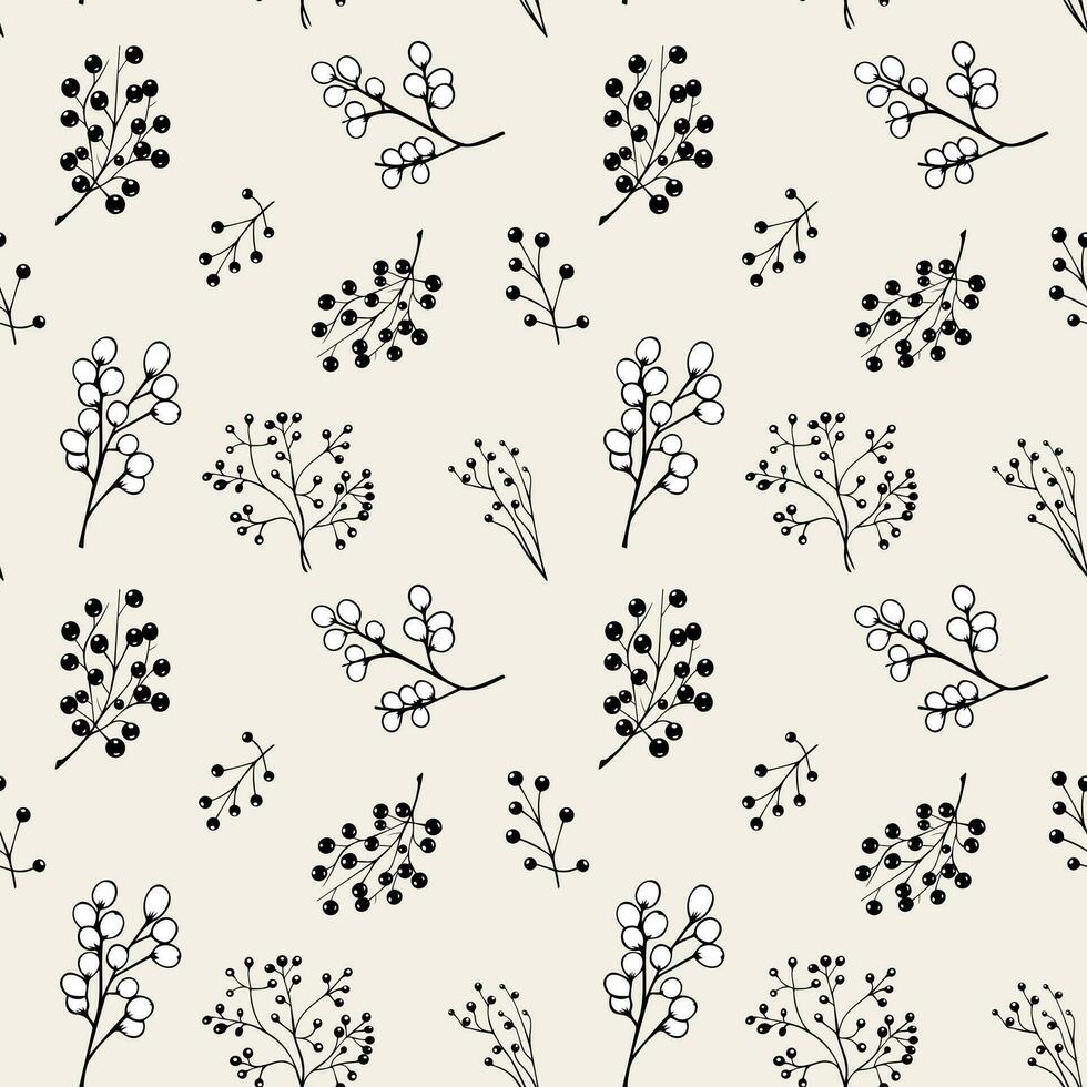Monochrome floral background. Seamless pattern with leaves and berries. Hand drawn botanical wallpaper vector