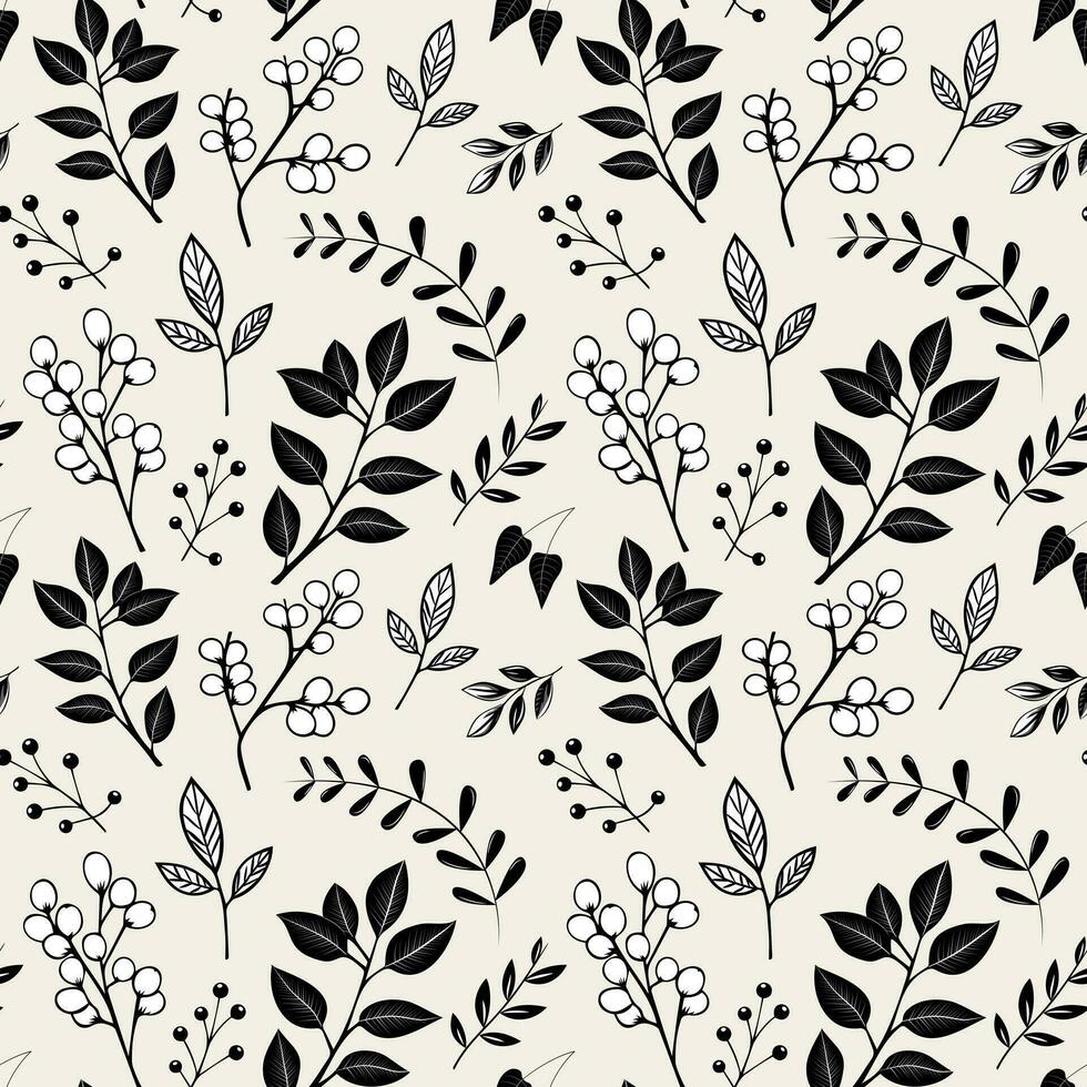 Herbarium monochrome floral pattern. Seamless background with leaves and branches. Hand drawn botanical wallpaper vector