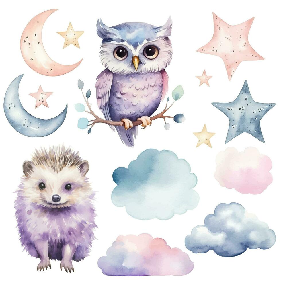 Watercolor hedgehog and owl set. Vector clip art image with hand drawn nursery elements, wall stickers.