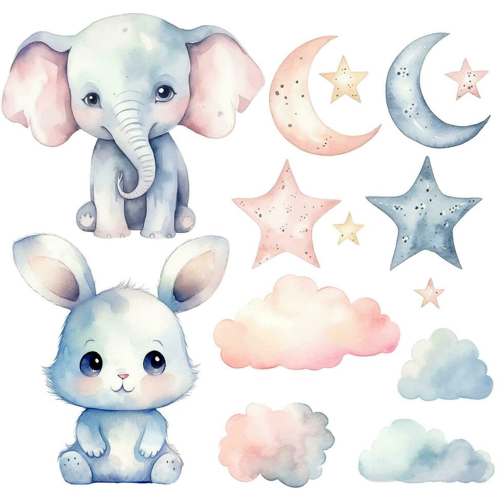 Watercolor cute bunny and elephant set. Vector clip art image with hand drawn nursery elements, wall stickers.