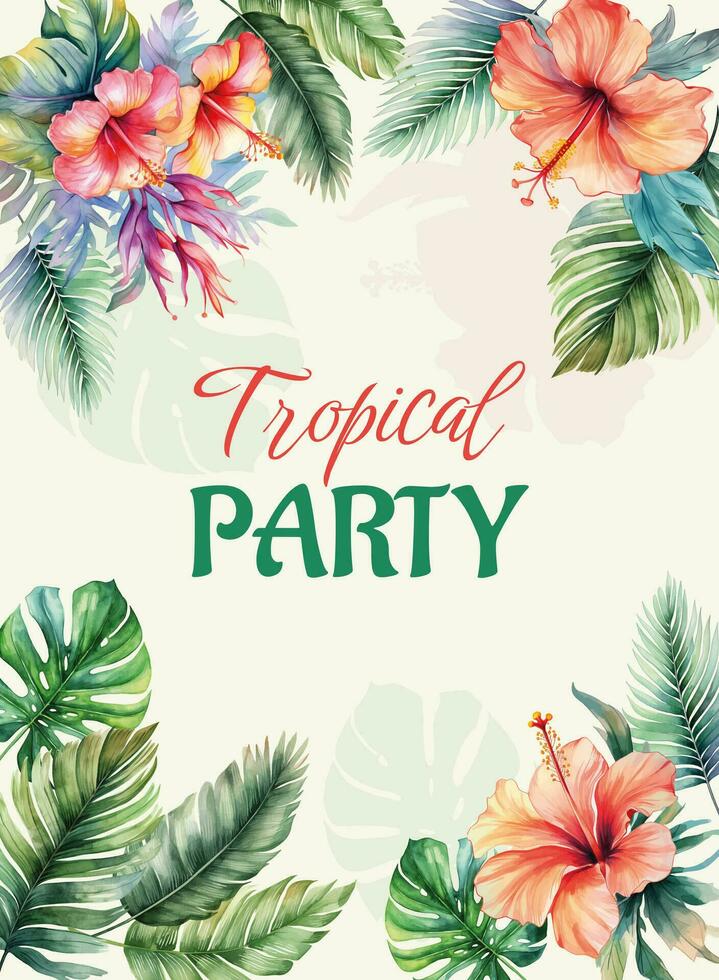 Tropical frame with leaves and flowers for party invitations, posters and wedding cards. Vector template