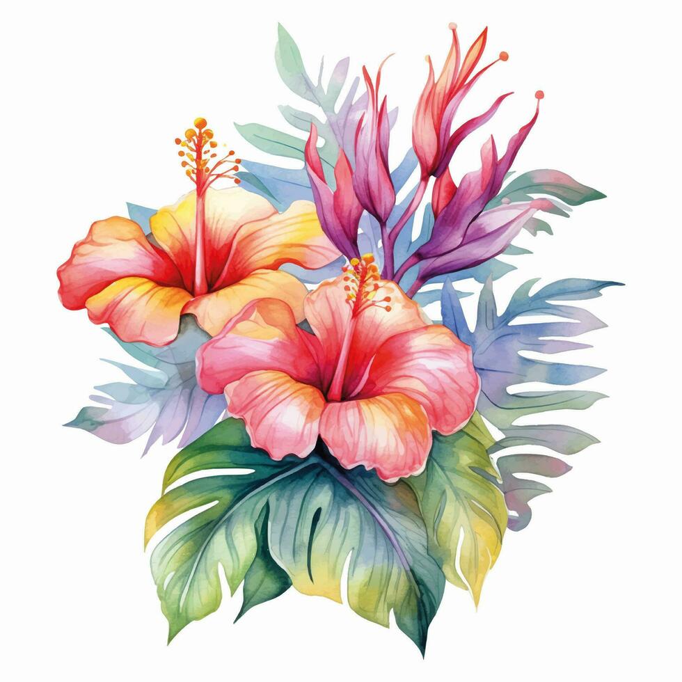 Watercolor tropical flowers. Vector flowers with colorfull leaves. Exotic foliage, wild floral.