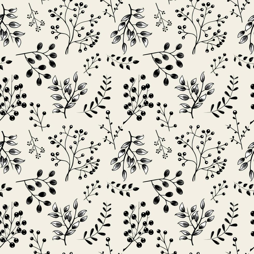 Monochrome floral pattern. Seamless background with leaves and branches. Hand drawn botanical wallpaper vector