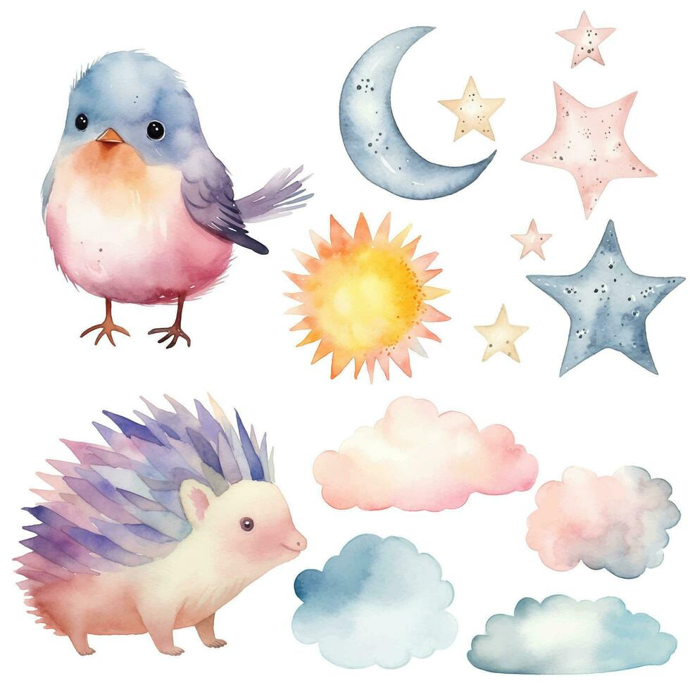 Watercolor hedgehog and bird set. Vector clip art image with hand drawn nursery elements, wall stickers.
