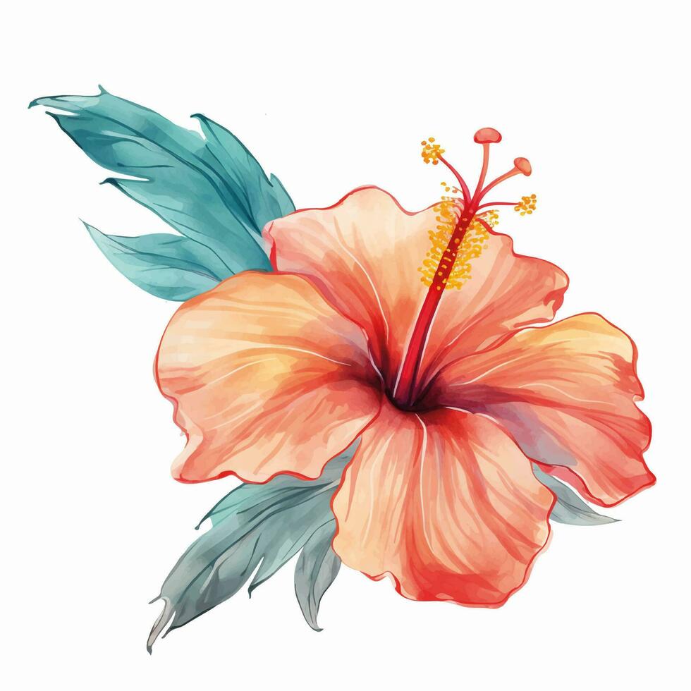 Watercolor flower. Vector tropical flower with green leaves. Green foliage, wild floral.