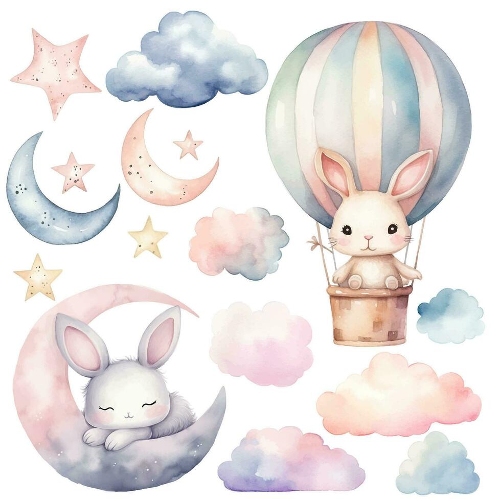 Watercolor bunny, sleeping rabbit. Set of vector hand drawn nursery elements, clouds, moon, stars, wall stickers.