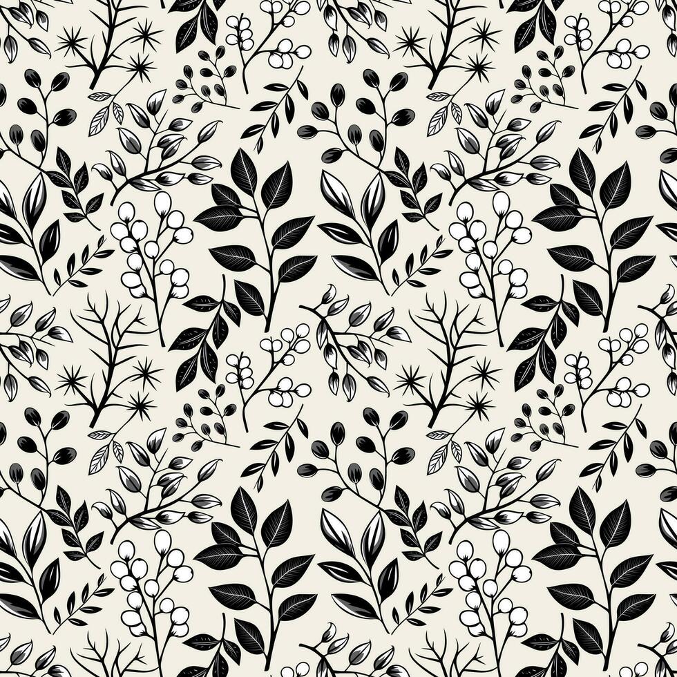Monochrome floral background. Seamless pattern with leaves and berries. Hand drawn botanical wallpaper vector