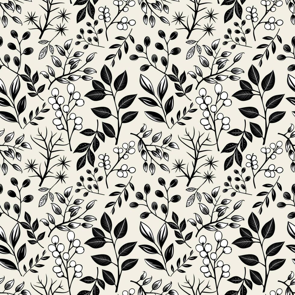 Monochrome floral background. Seamless pattern with leaves and berries. Hand drawn botanical wallpaper vector