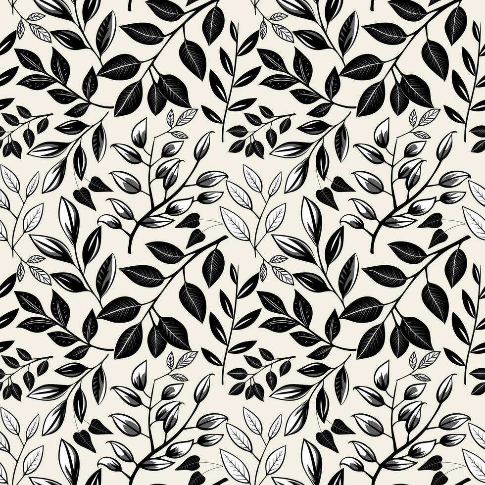 Herbarium monochrome floral pattern. Seamless background with leaves and branches. Hand drawn botanical wallpaper vector