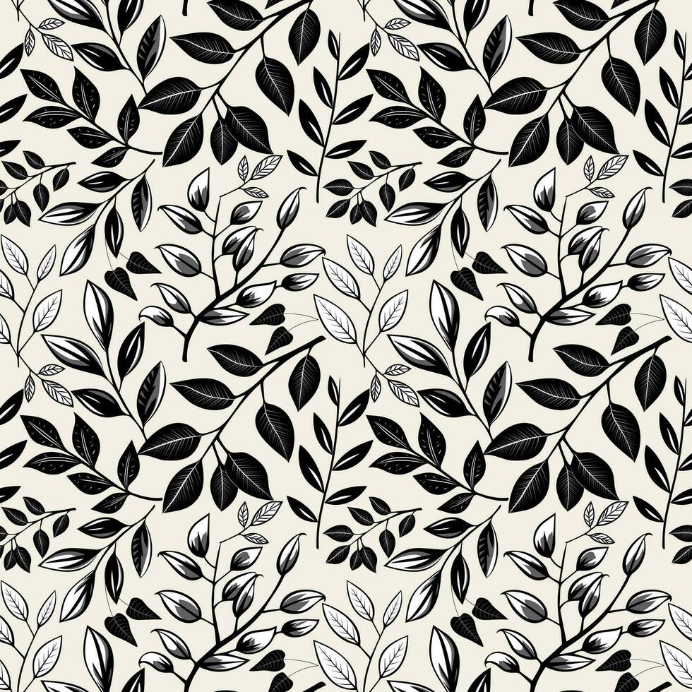 Herbarium monochrome floral pattern. Seamless background with leaves and branches. Hand drawn botanical wallpaper vector