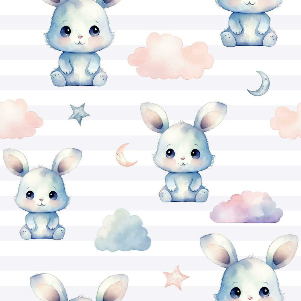 Seamless cute bunny animal pattern. Watercolor rabbit vector background in pastel colors