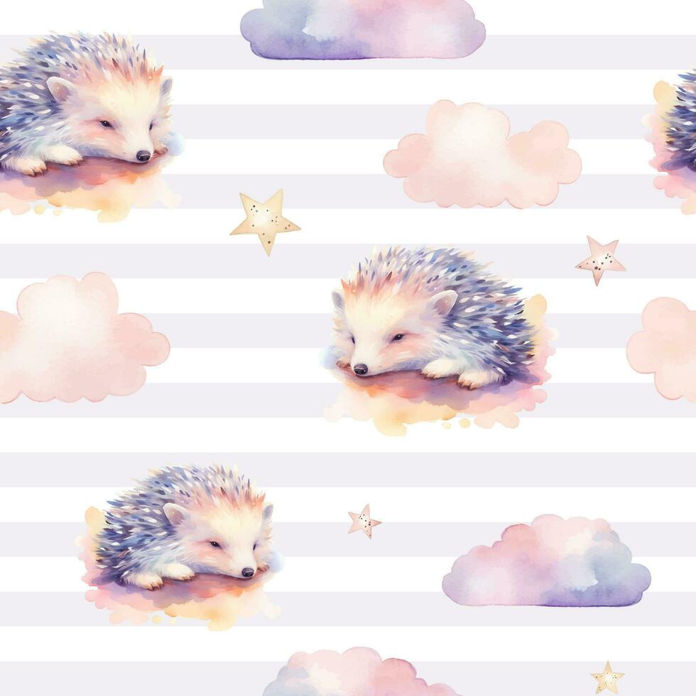 Seamless cute hedgehog animal pattern. Watercolor hedgehog vector background in pastel colors