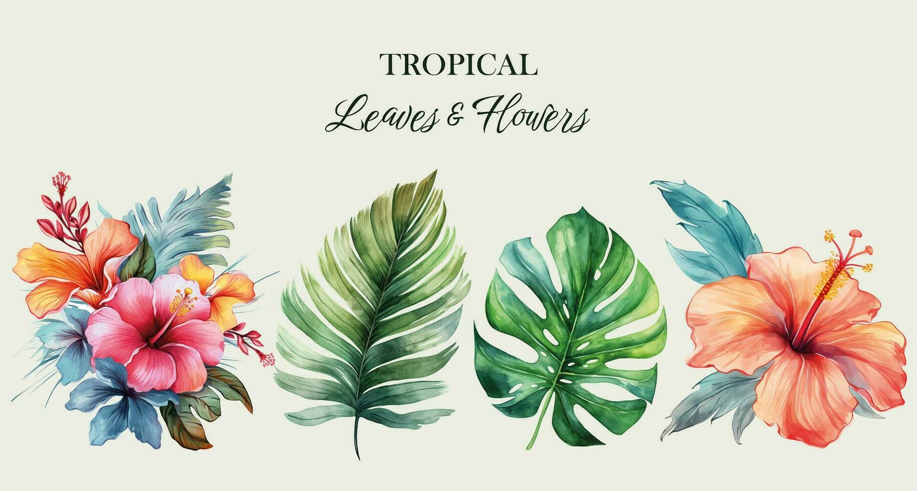 Tropical vector flowers. Watercolor floral illustration. Set of exotic flowers and leaves. Tropical collection