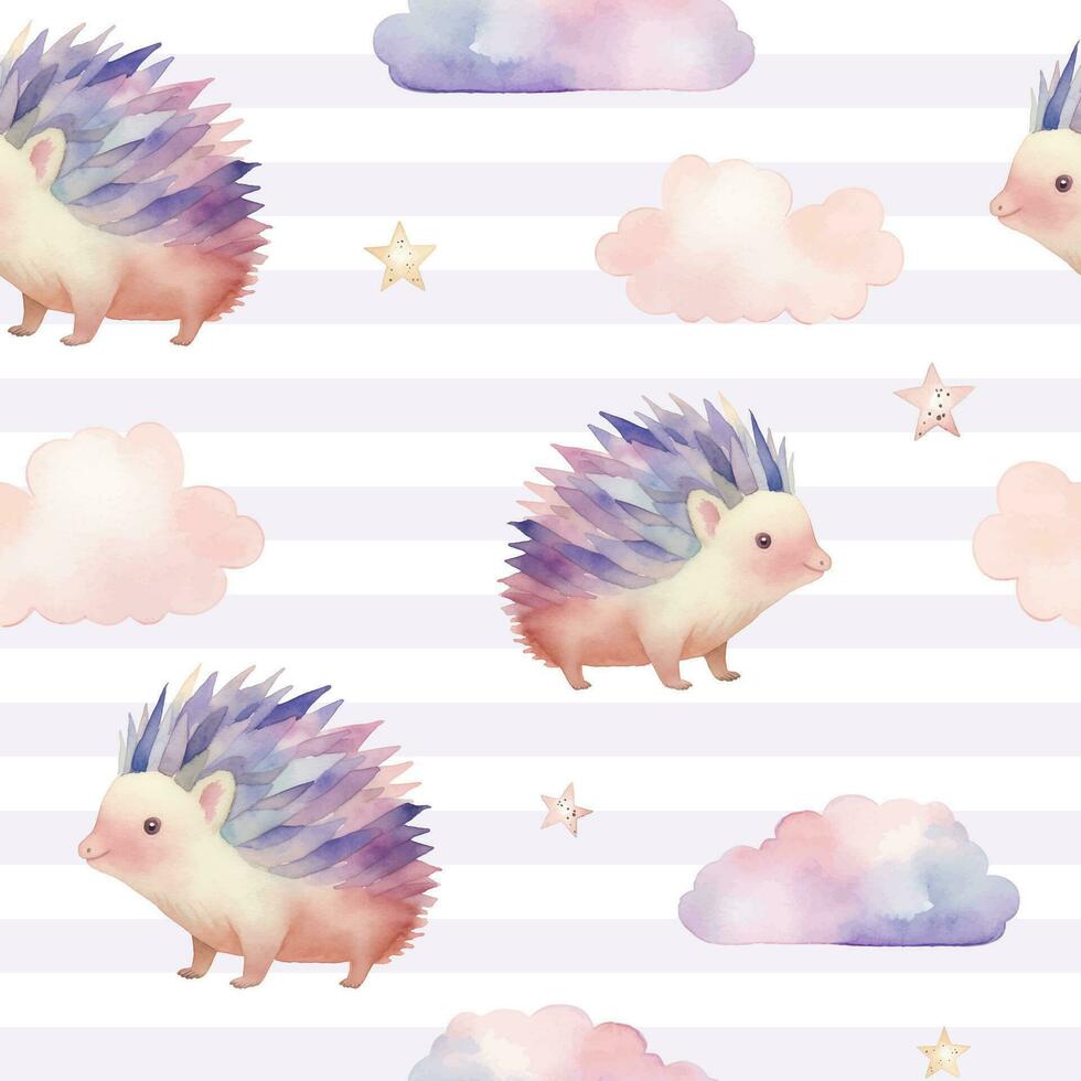 Seamless cute hedgehog animal pattern. Watercolor hedgehog vector background in pastel colors