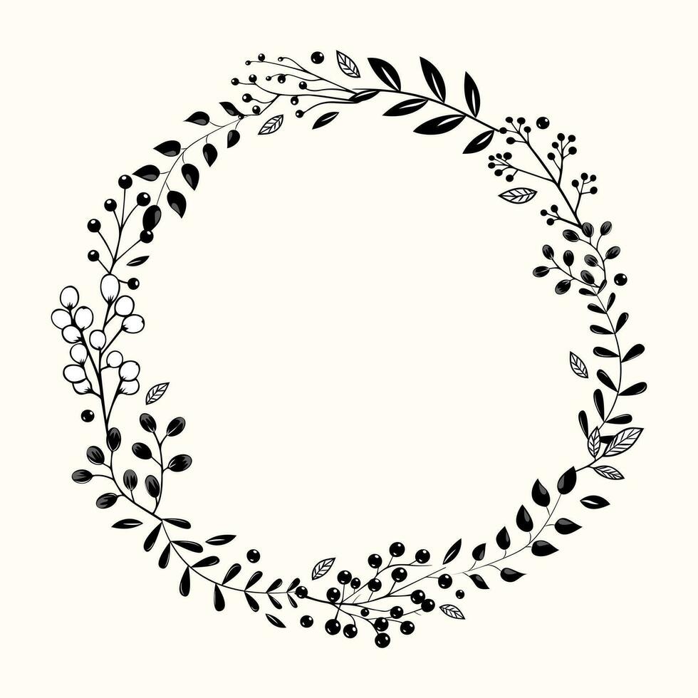 botánico monocromo marco con hojas y bayas para invitaciones, carteles y boda. vector floral guirnalda