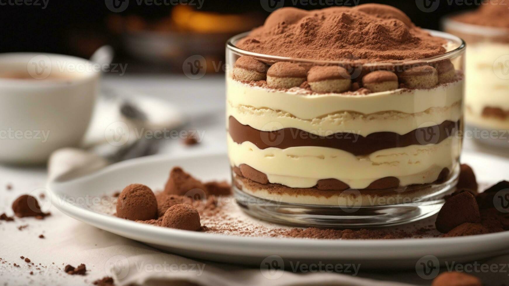A close-up shot of a freshly prepared tiramisu, focusing on the layers of coffee-soaked ladyfingers AI Generative photo