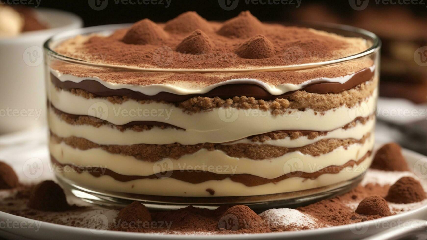 A close-up shot of a freshly prepared tiramisu, focusing on the layers of coffee-soaked ladyfingers AI Generative photo