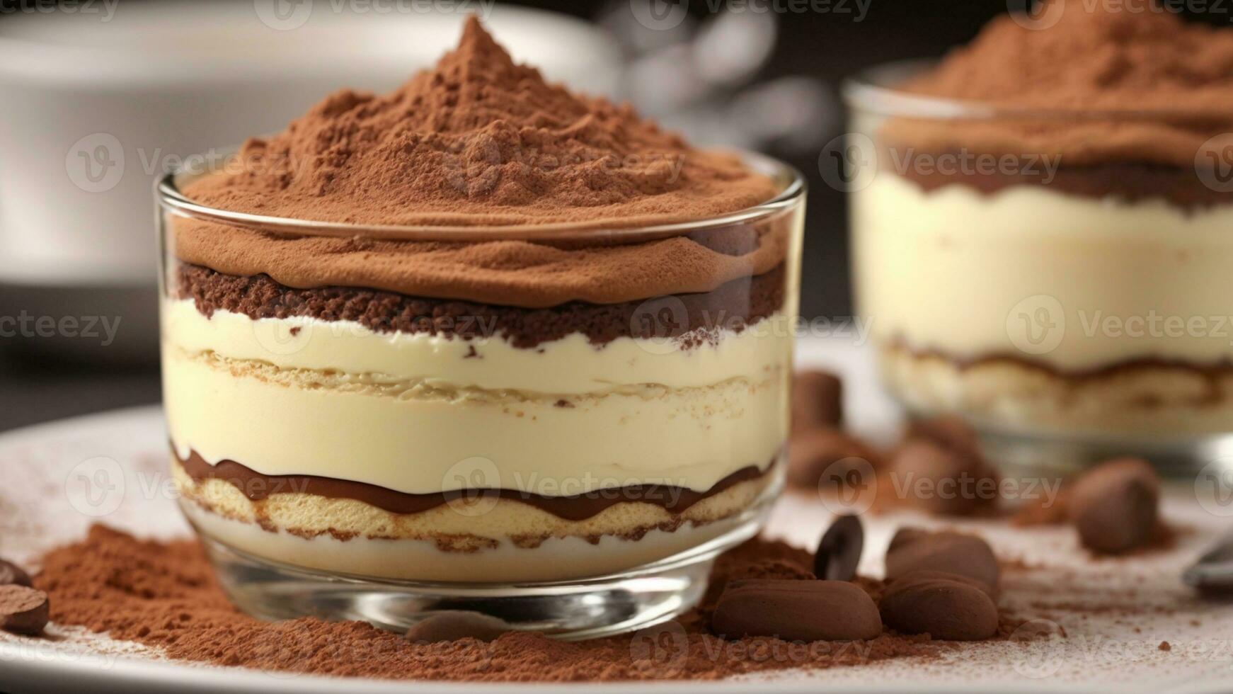 A close-up shot of a freshly prepared tiramisu, focusing on the layers of coffee-soaked ladyfingers AI Generative photo