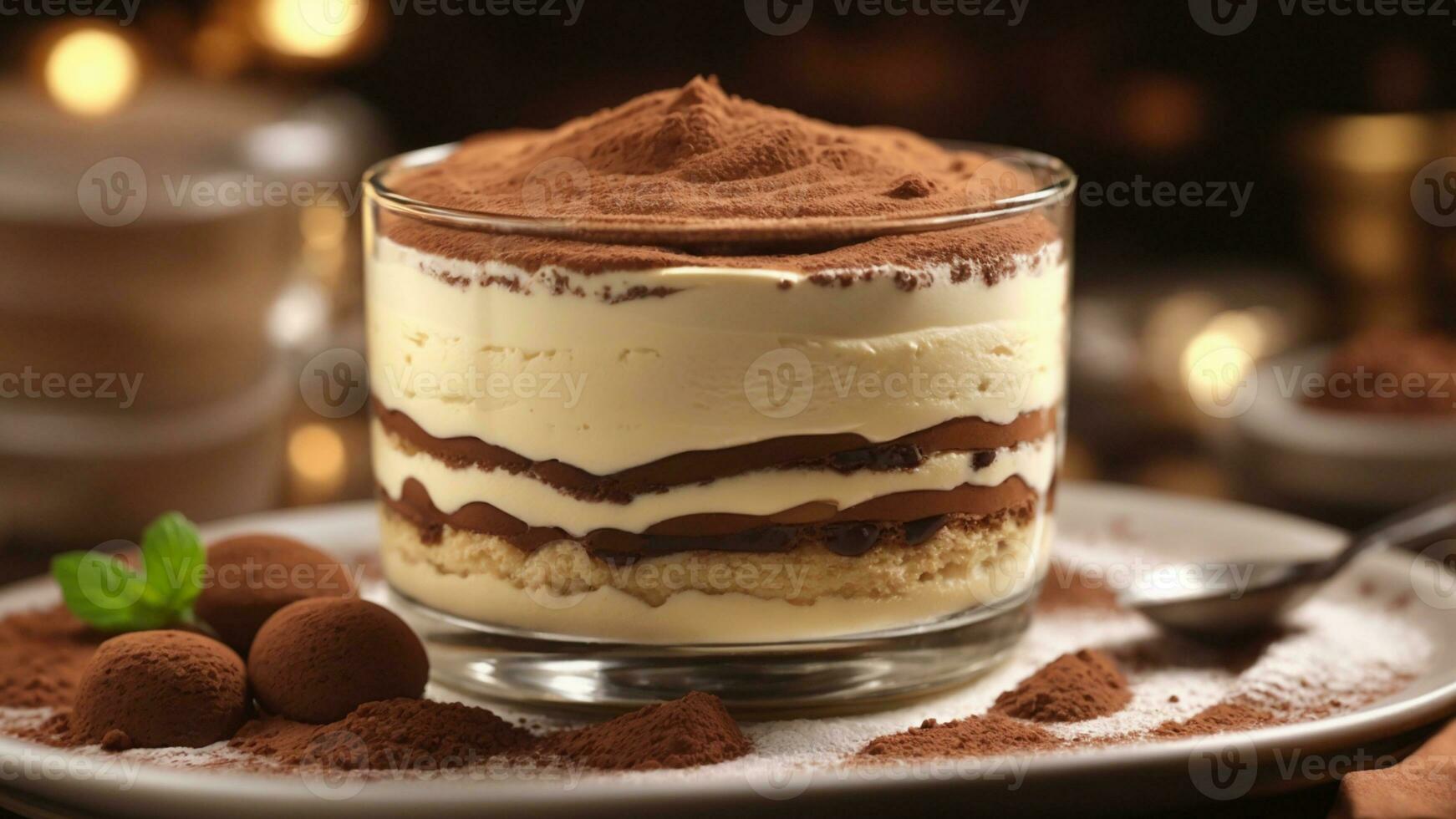 A close-up shot of a freshly prepared tiramisu, focusing on the layers of coffee-soaked ladyfingers AI Generative photo