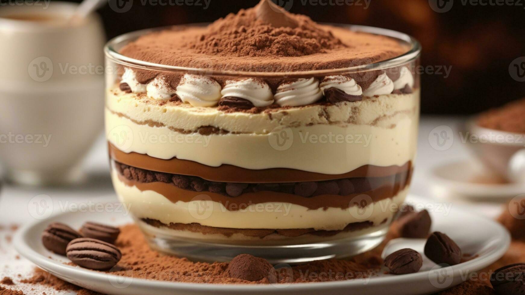 A close-up shot of a freshly prepared tiramisu, focusing on the layers of coffee-soaked ladyfingers AI Generative photo