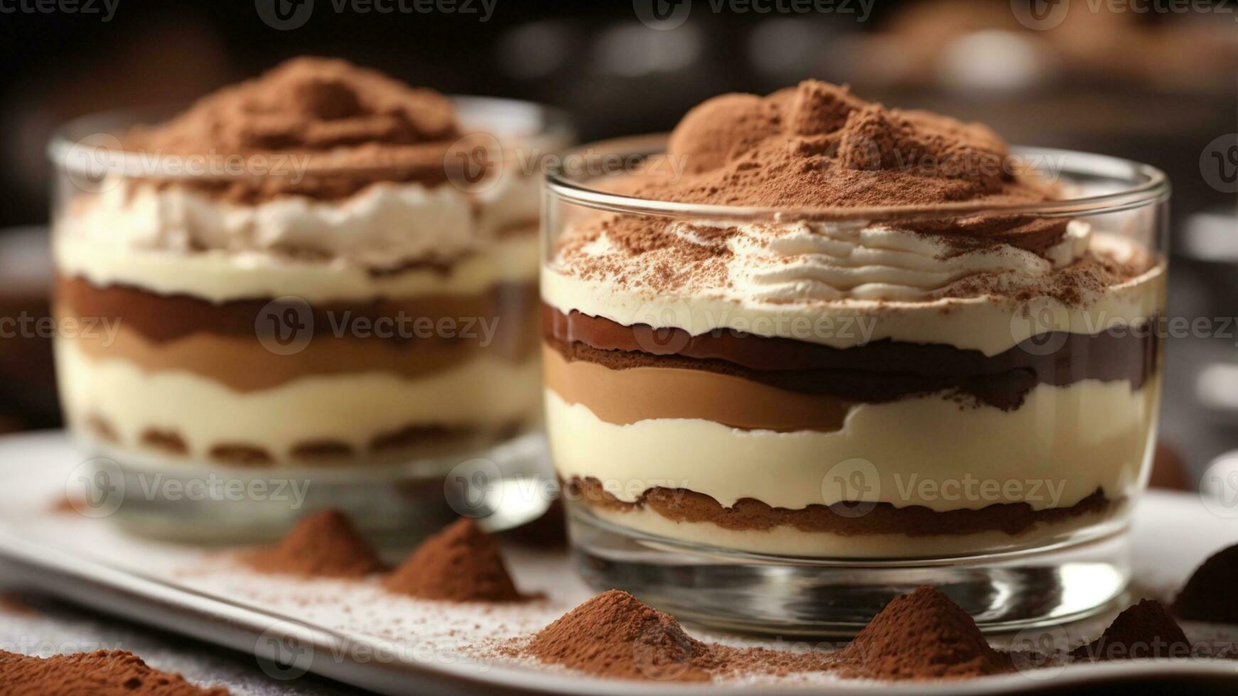 A close-up shot of a freshly prepared tiramisu, focusing on the layers of coffee-soaked ladyfingers AI Generative photo