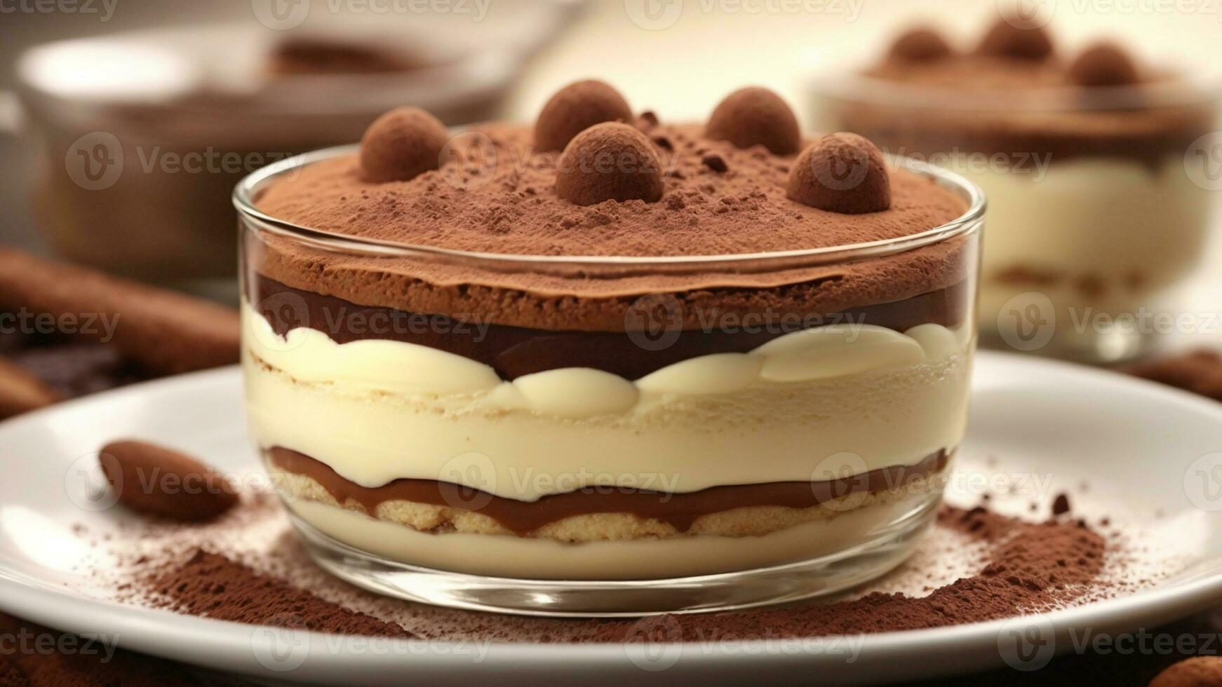 A close-up shot of a freshly prepared tiramisu, focusing on the layers of coffee-soaked ladyfingers AI Generative photo