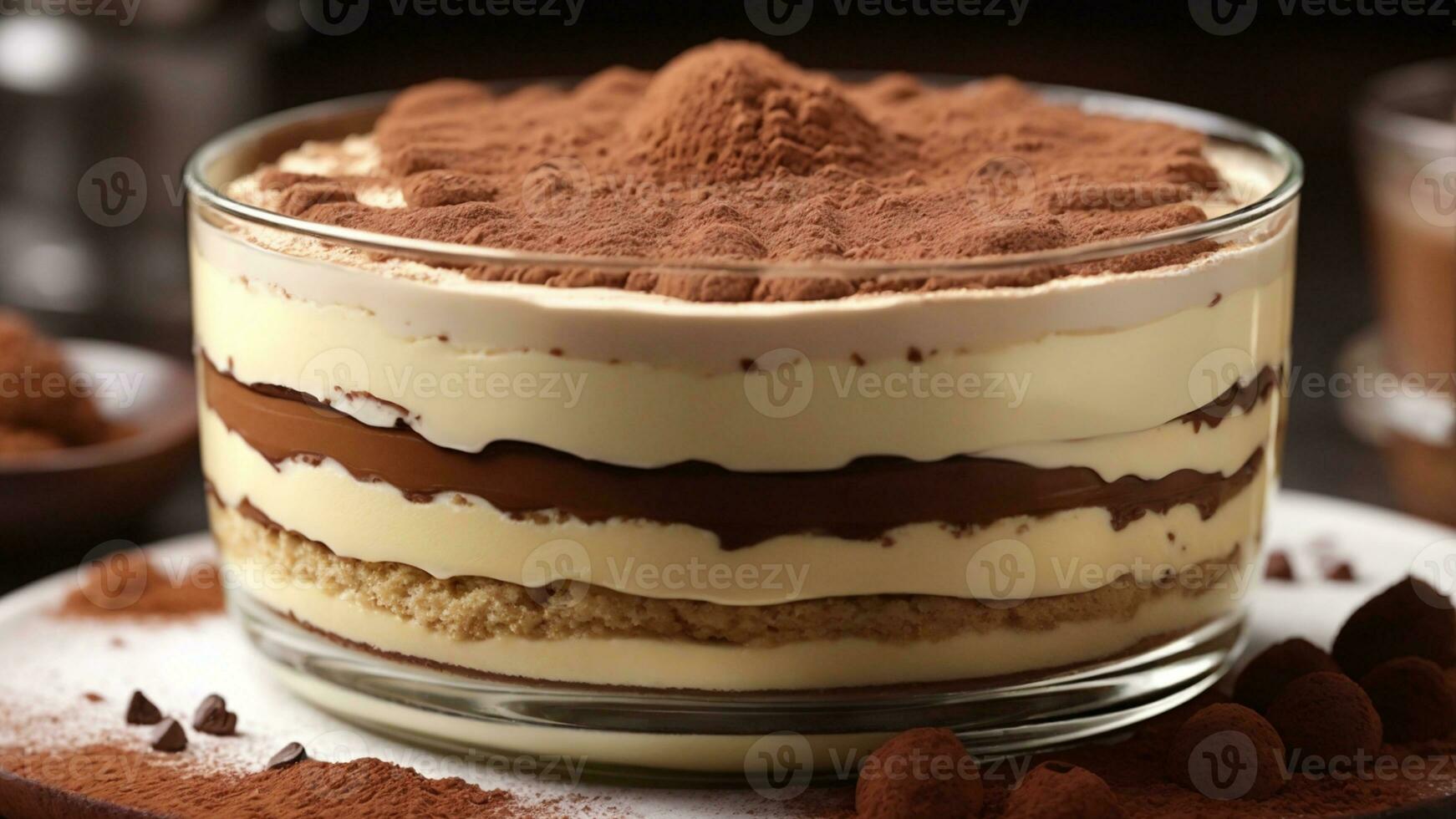A close-up shot of a freshly prepared tiramisu, focusing on the layers of coffee-soaked ladyfingers AI Generative photo