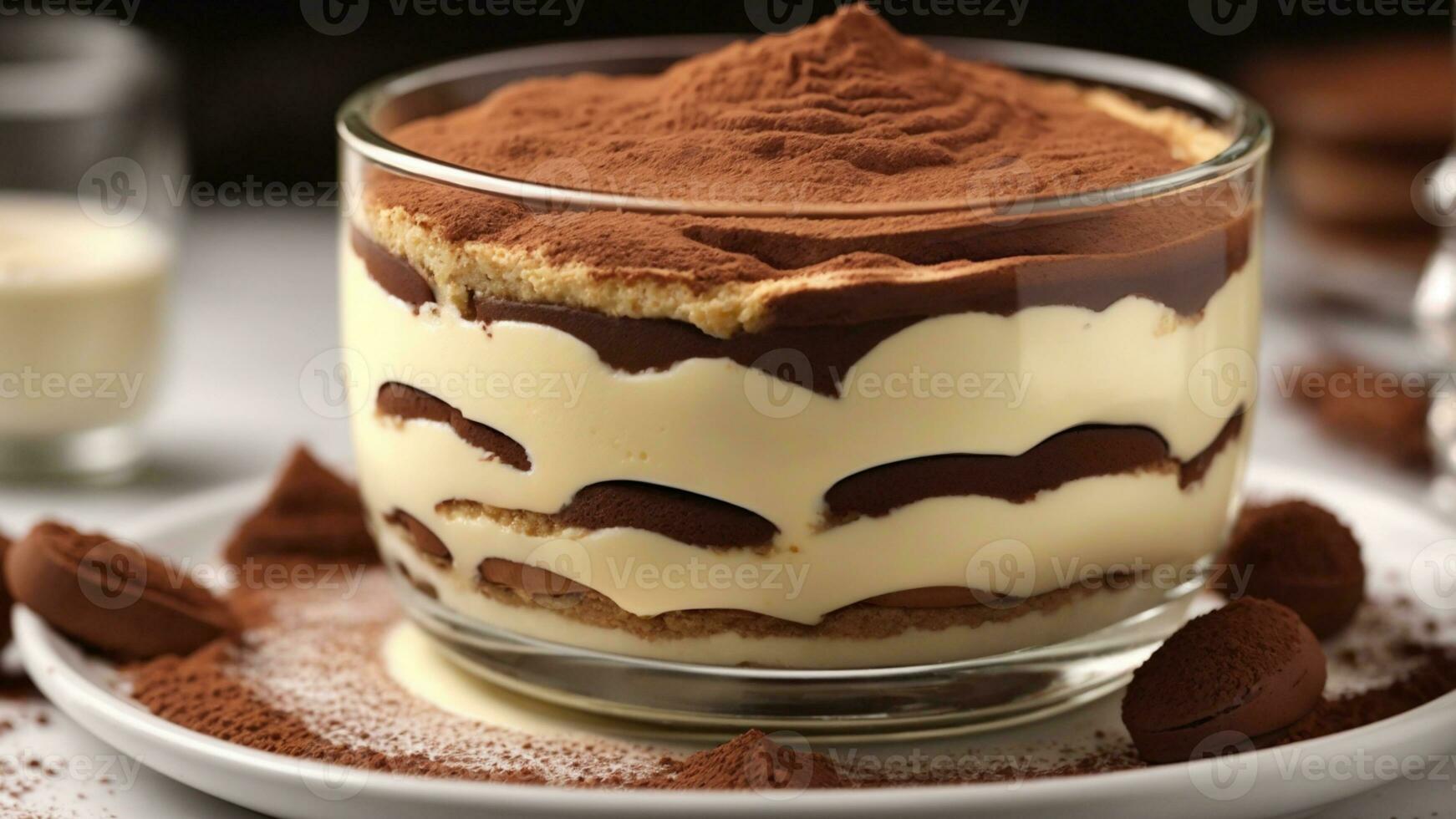 A close-up shot of a freshly prepared tiramisu, focusing on the layers of coffee-soaked ladyfingers AI Generative photo