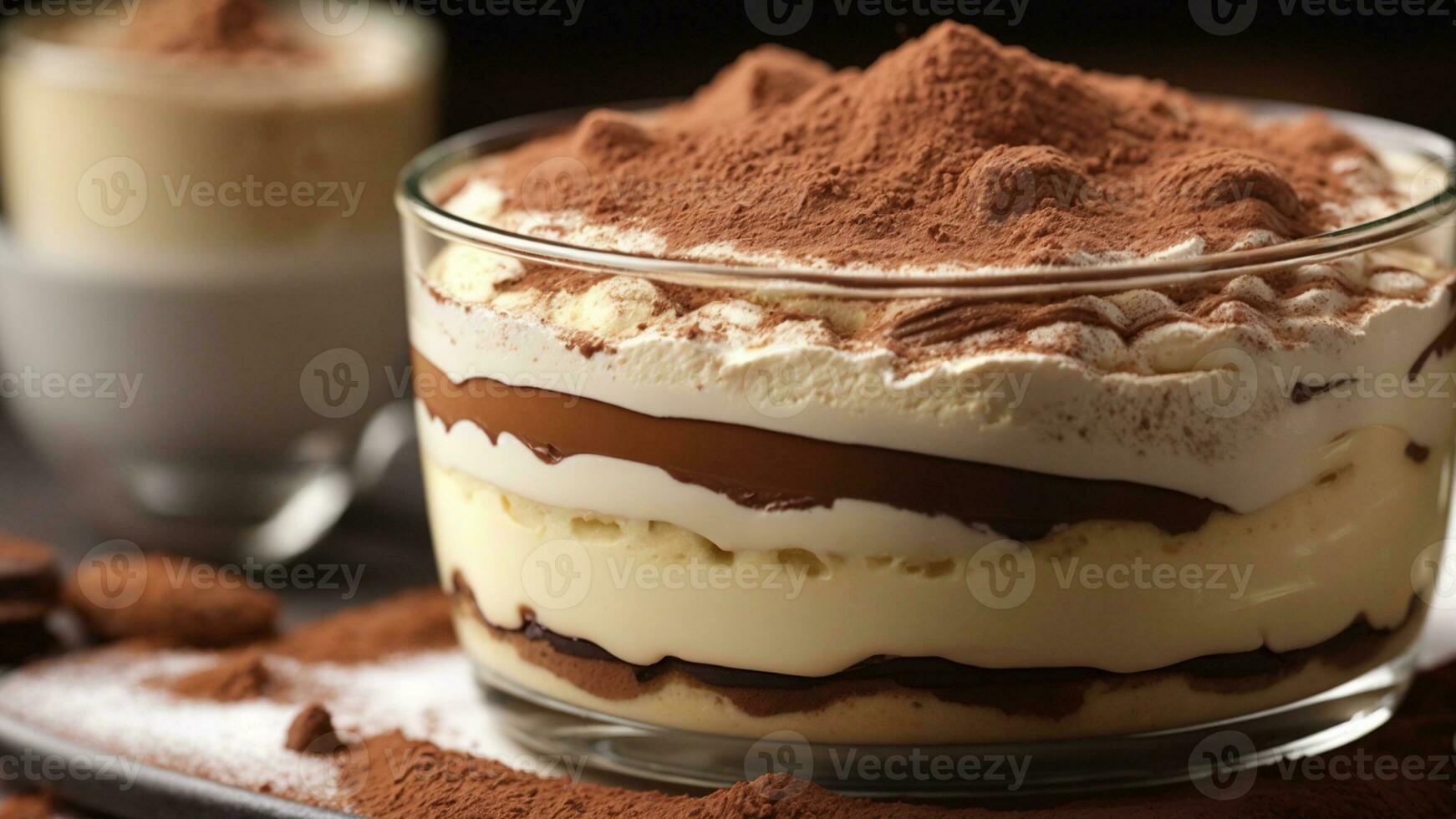 A close-up shot of a freshly prepared tiramisu, focusing on the layers of coffee-soaked ladyfingers AI Generative photo
