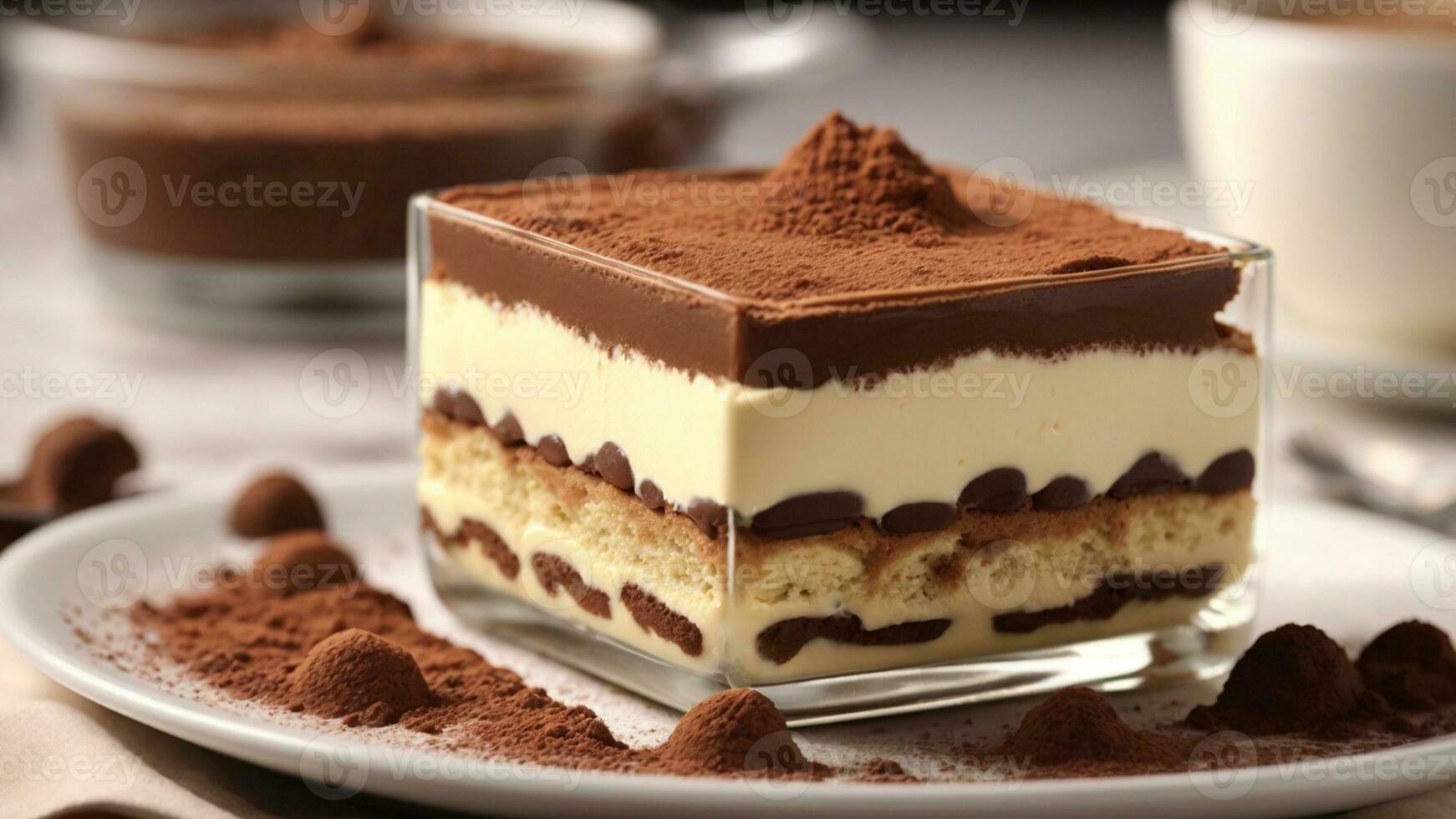 A close-up shot of a freshly prepared tiramisu, focusing on the layers of coffee-soaked ladyfingers AI Generative photo