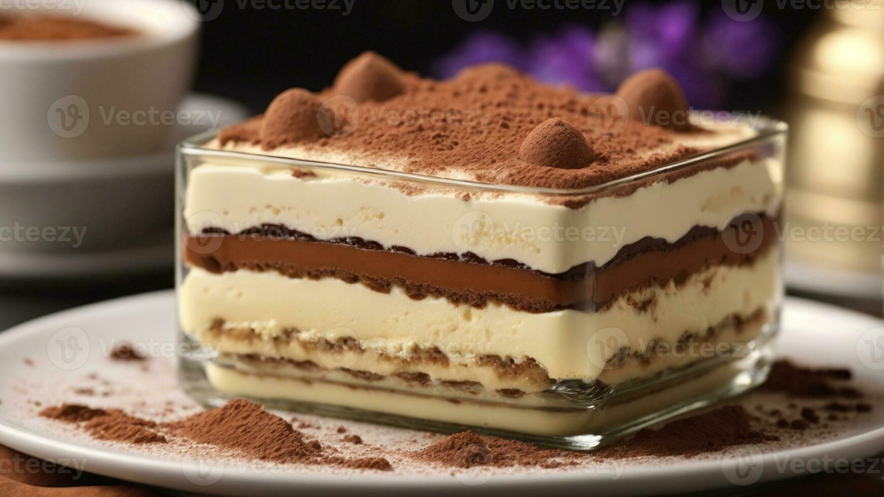 A close-up shot of a freshly prepared tiramisu, focusing on the layers of coffee-soaked ladyfingers AI Generative photo