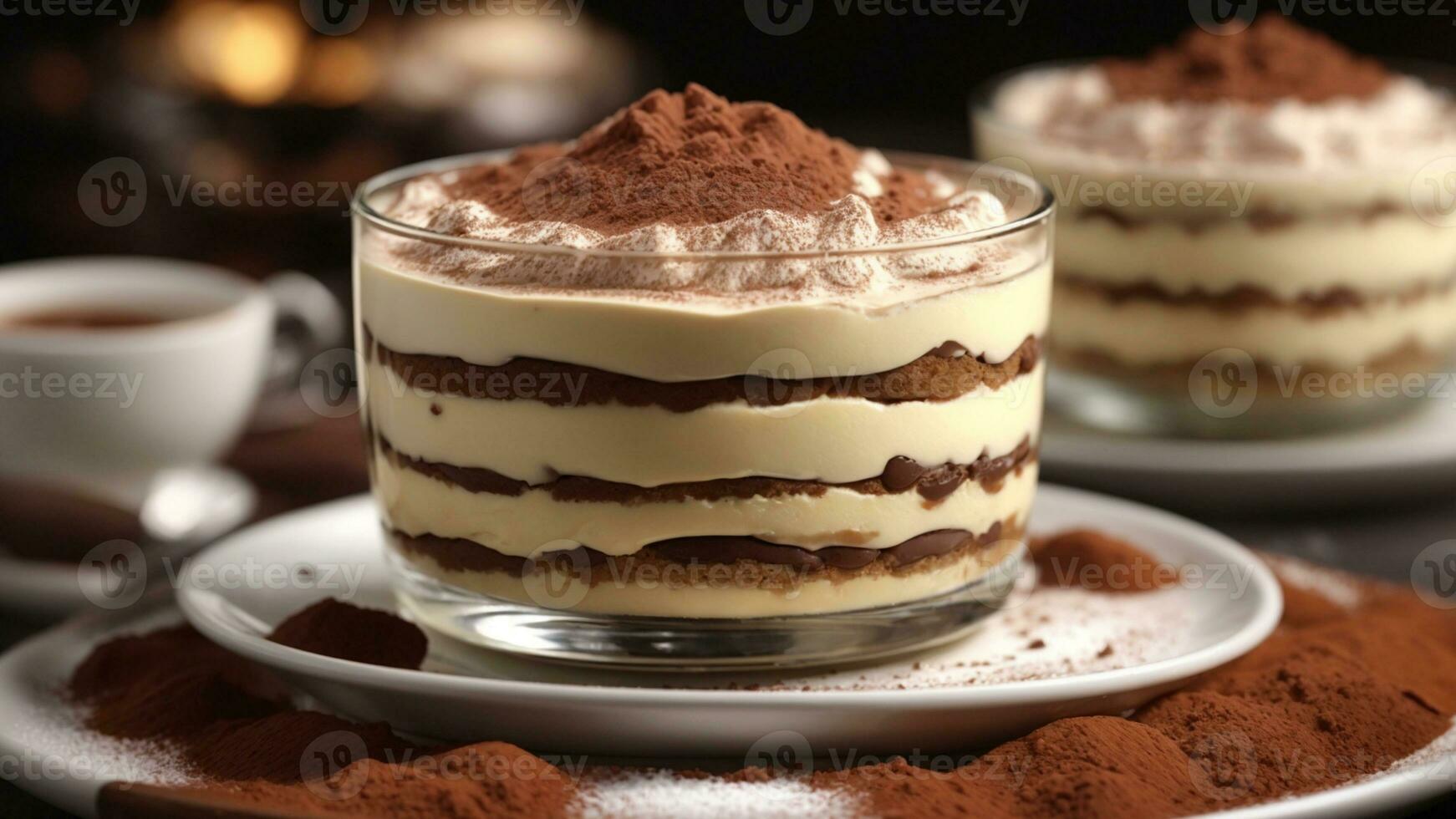 A close-up shot of a freshly prepared tiramisu, focusing on the layers of coffee-soaked ladyfingers AI Generative photo