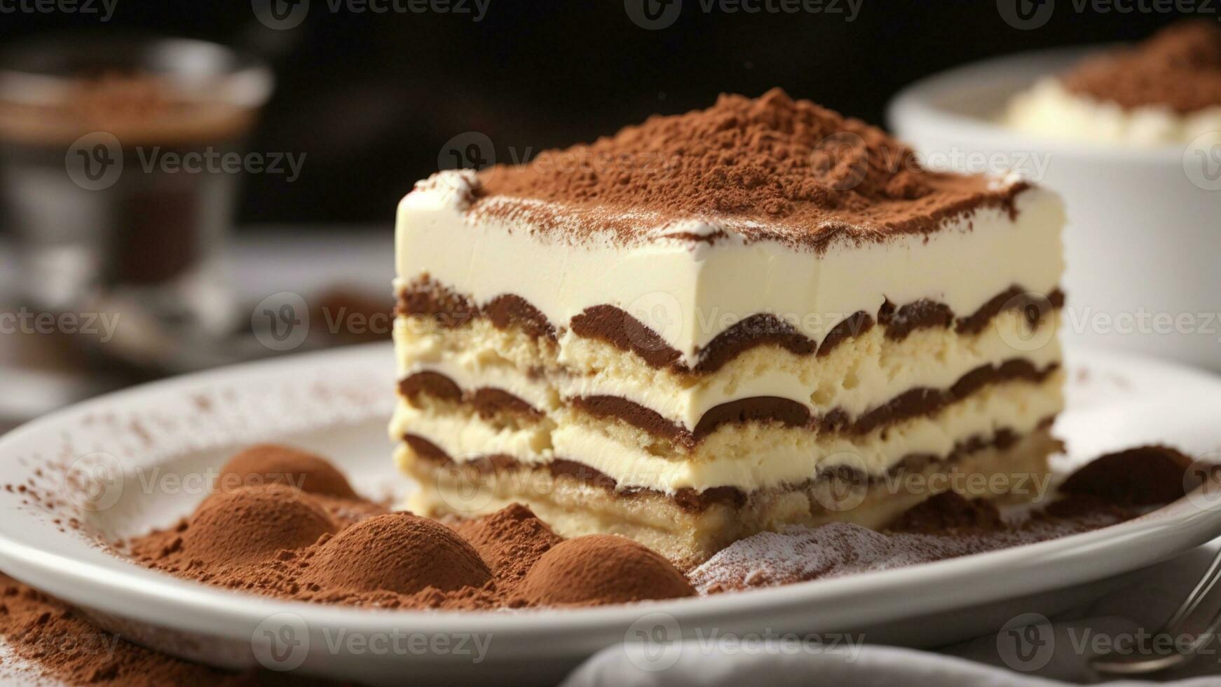 A close-up shot of a freshly prepared tiramisu, focusing on the layers of coffee-soaked ladyfingers AI Generative photo