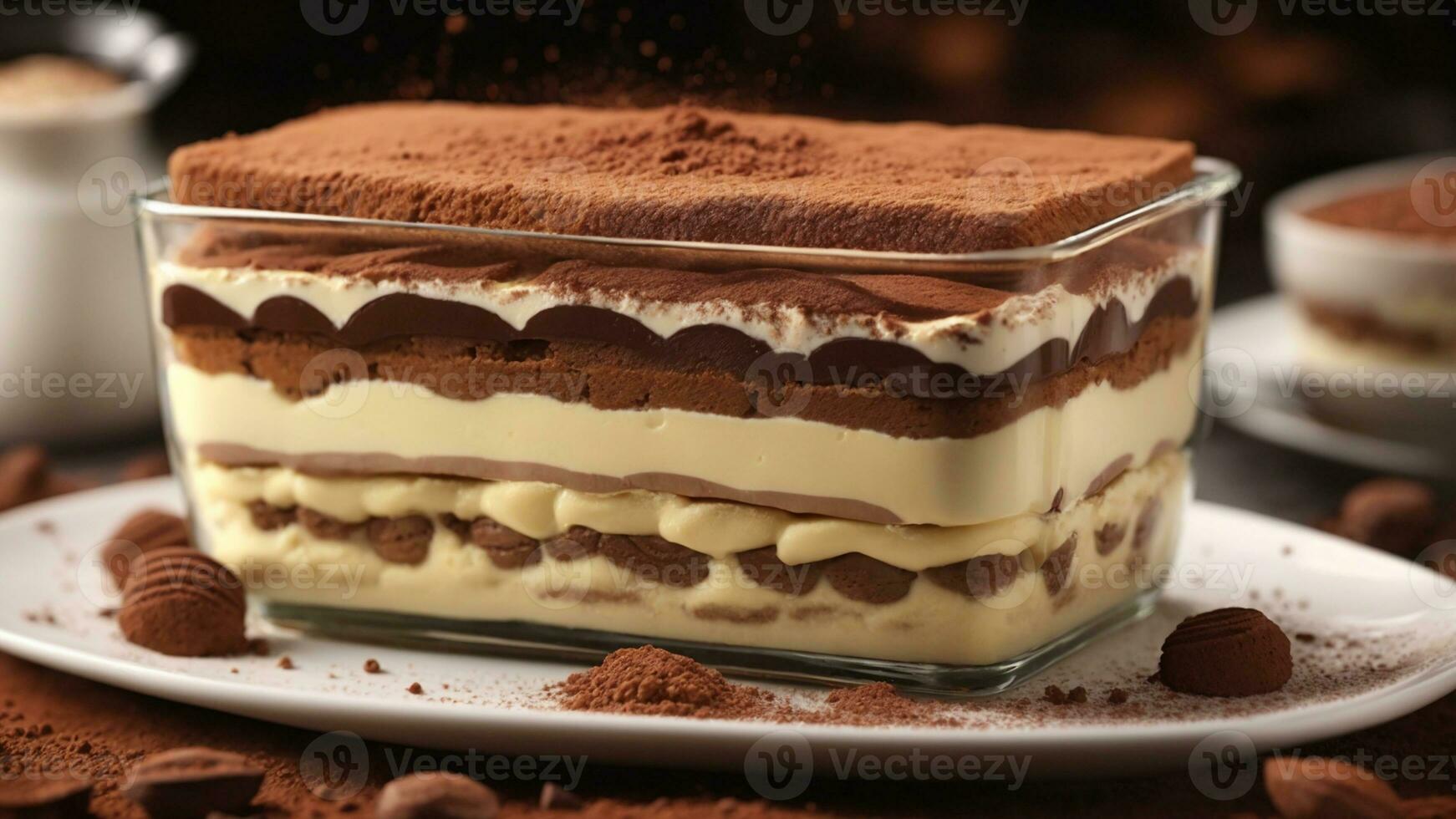 A close-up shot of a freshly prepared tiramisu, focusing on the layers of coffee-soaked ladyfingers AI Generative photo