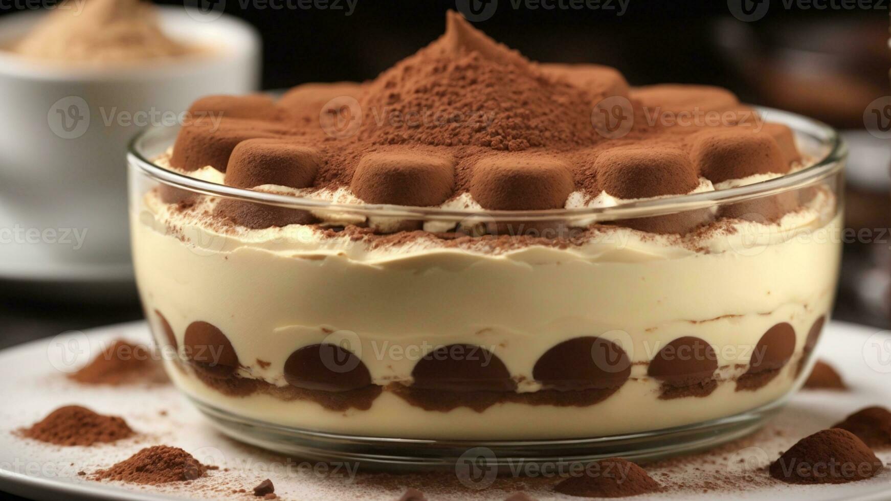 A close-up shot of a freshly prepared tiramisu, focusing on the layers of coffee-soaked ladyfingers AI Generative photo