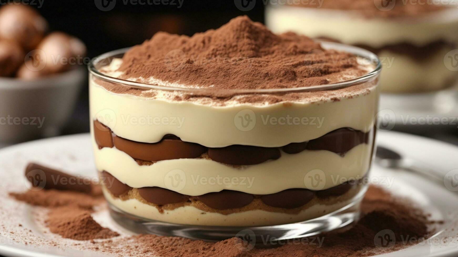A close-up shot of a freshly prepared tiramisu, focusing on the layers of coffee-soaked ladyfingers AI Generative photo