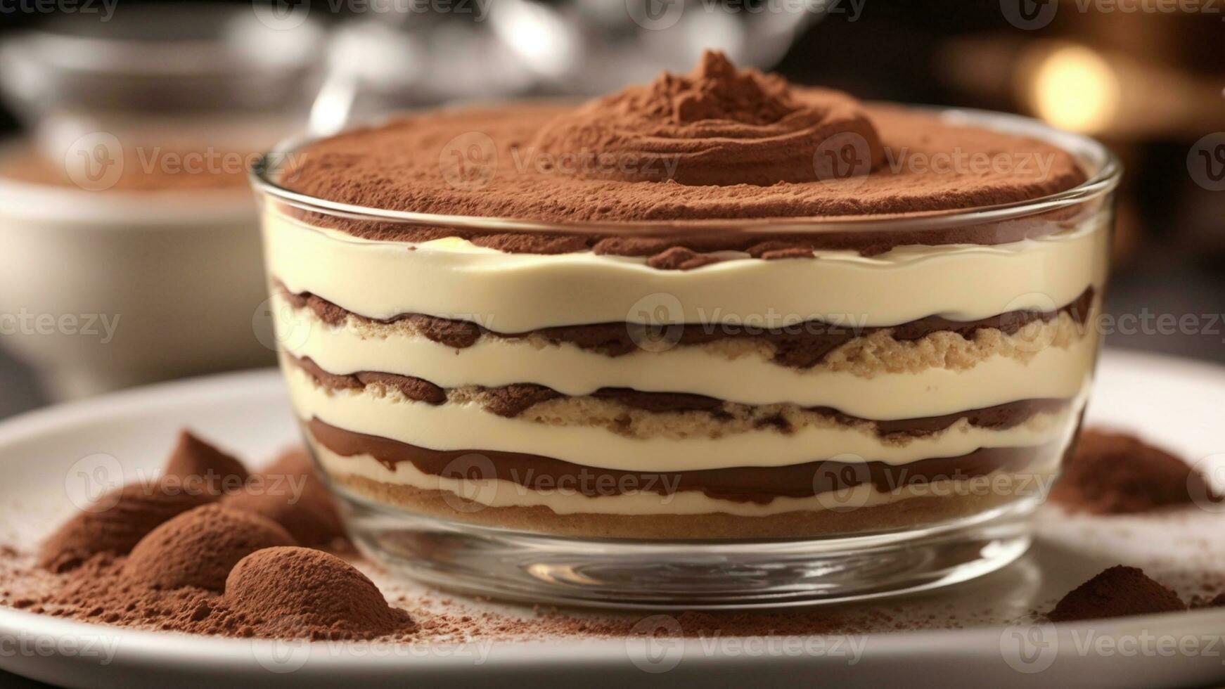 A close-up shot of a freshly prepared tiramisu, focusing on the layers of coffee-soaked ladyfingers AI Generative photo