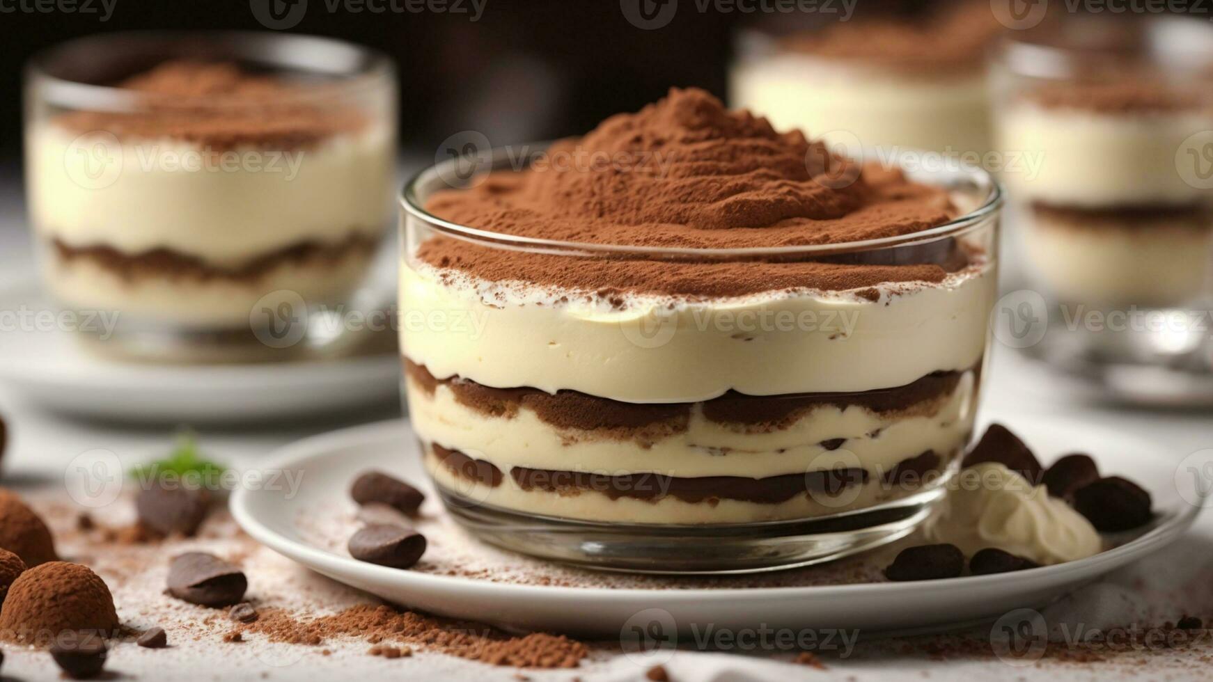 A close-up shot of a freshly prepared tiramisu, focusing on the layers of coffee-soaked ladyfingers AI Generative photo