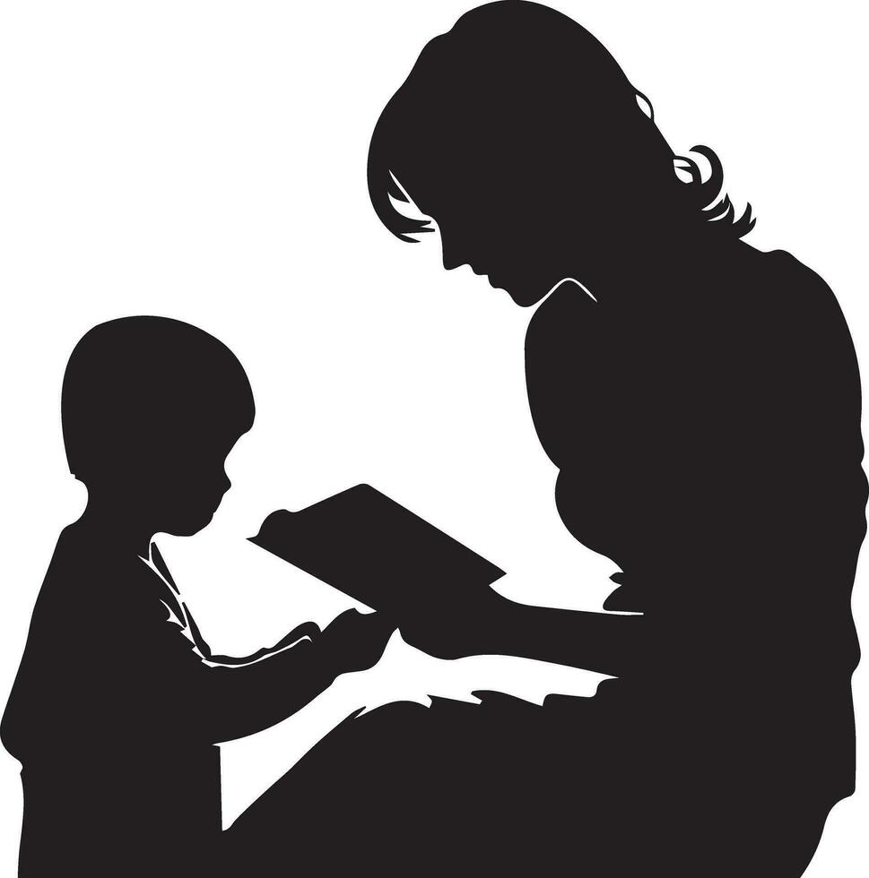 mamá leer libro su niño vector silueta 8