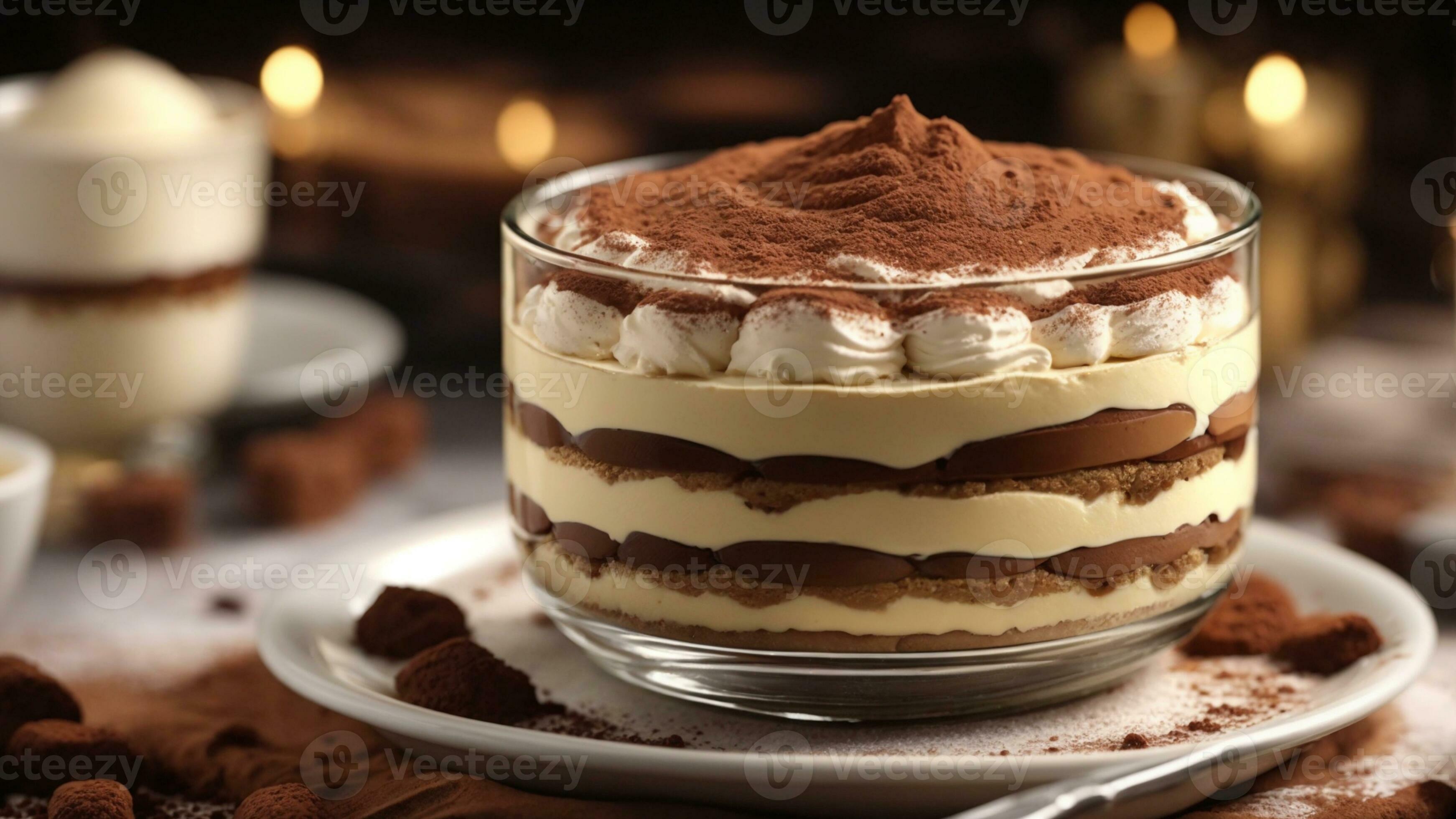 A closeup shot of a freshly prepared tiramisu, focusing on the layers