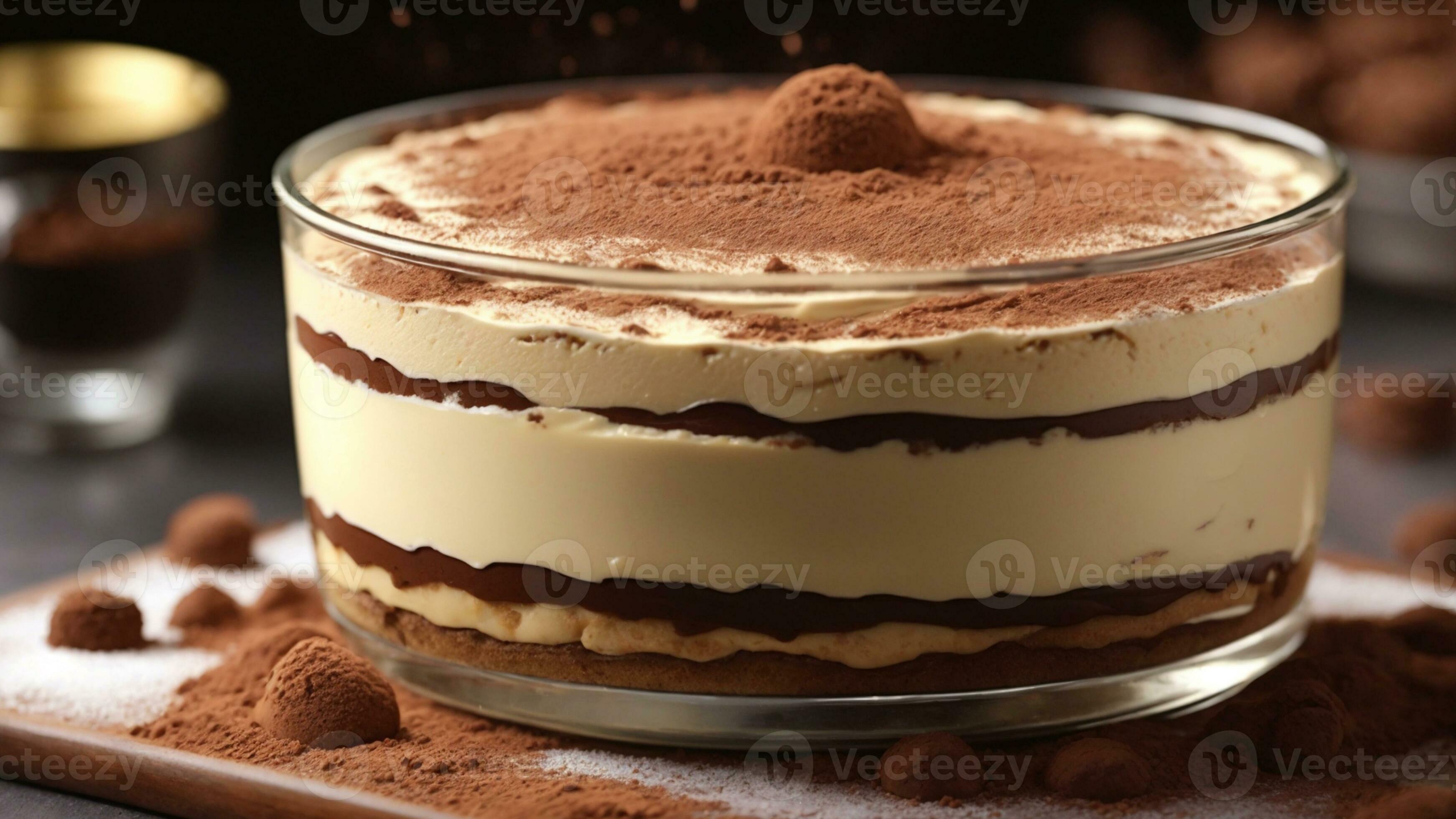 A closeup shot of a freshly prepared tiramisu, focusing on the layers