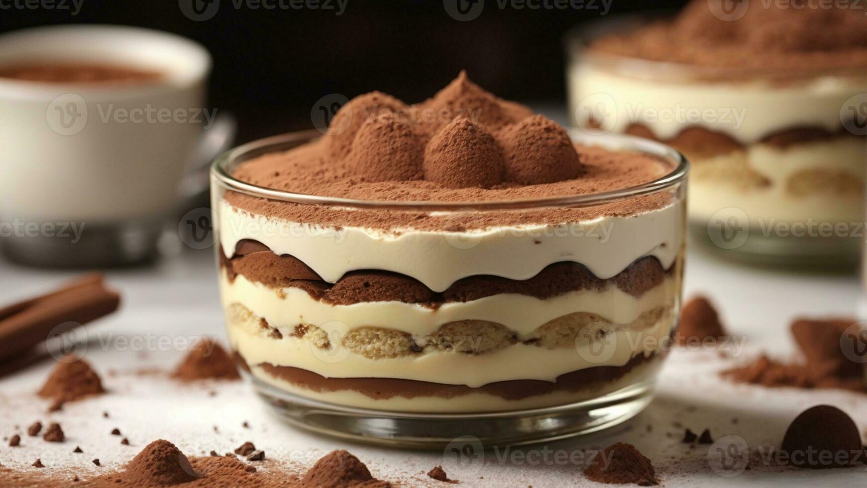A closeup shot of a freshly prepared tiramisu, focusing on the layers