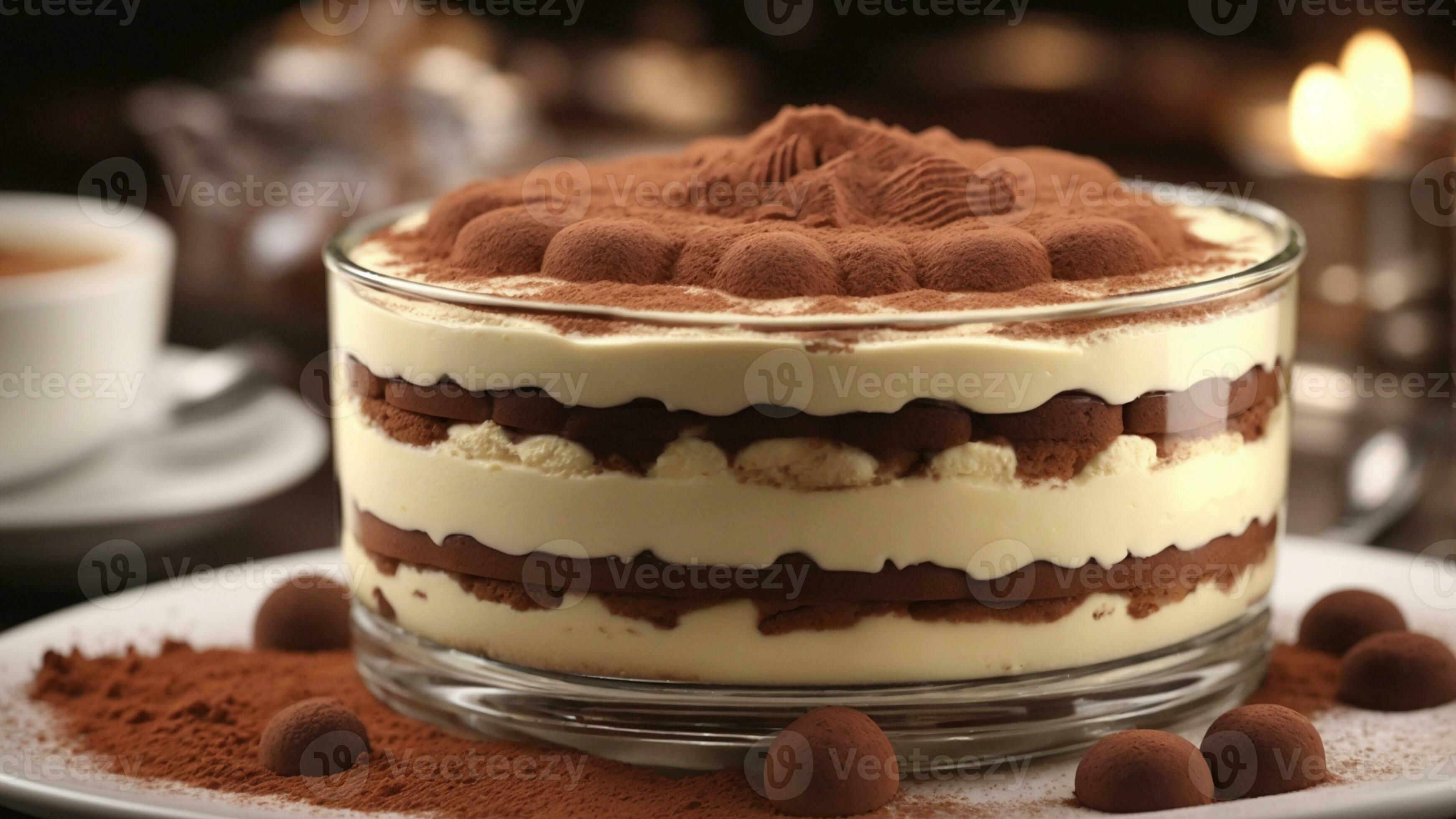 A closeup shot of a freshly prepared tiramisu, focusing on the layers