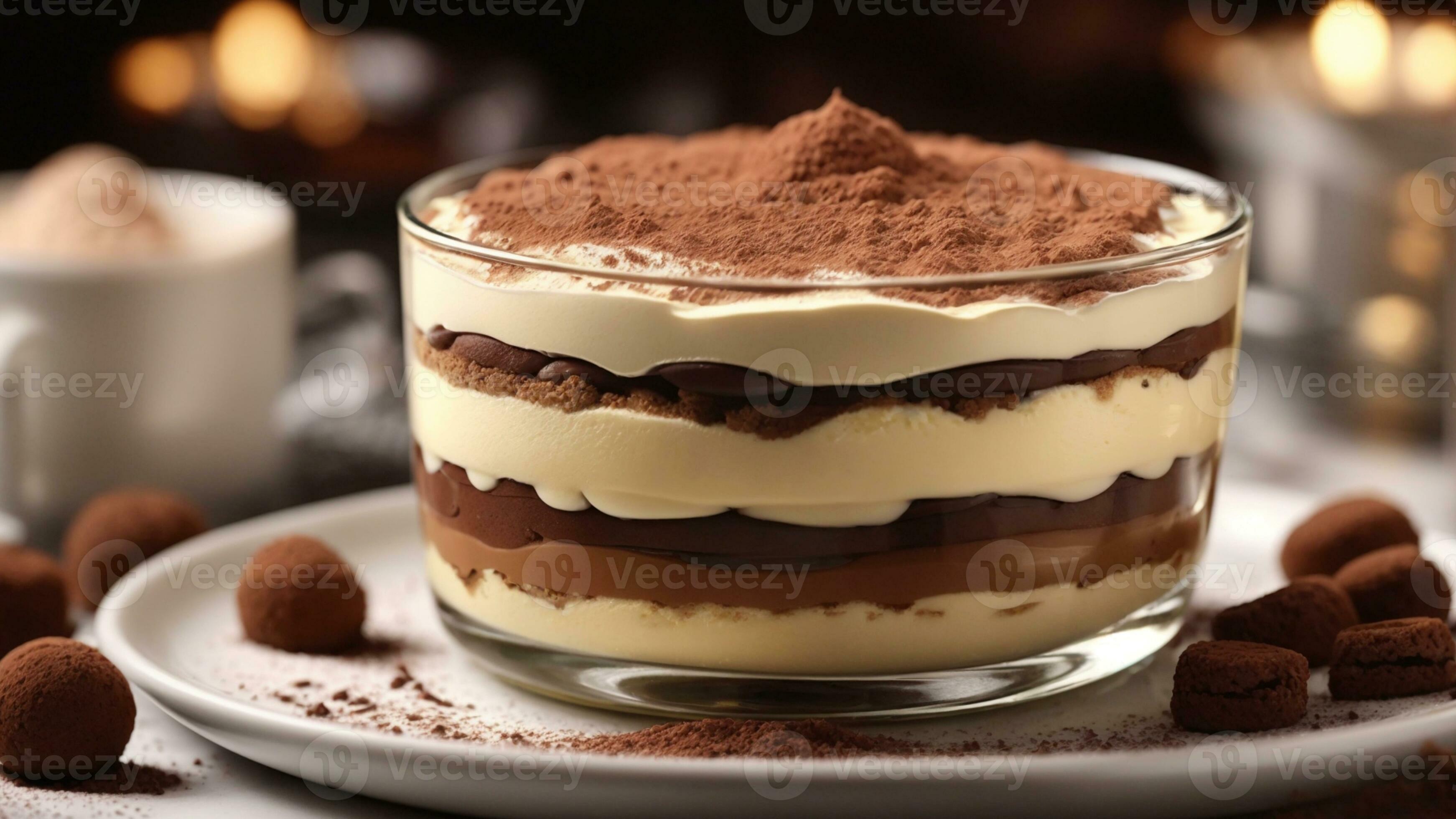 A closeup shot of a freshly prepared tiramisu, focusing on the layers