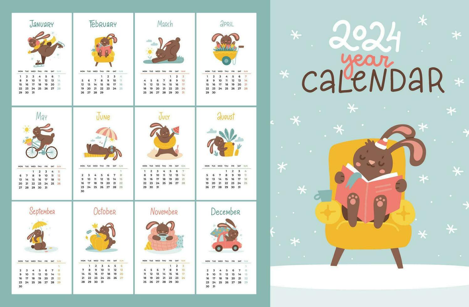 2024 Calendar with cute childish bunny character for seasons activity, planner organizer template. Covers and 12 month pages rabbit mascot. Flat vector hand drawn illustration.