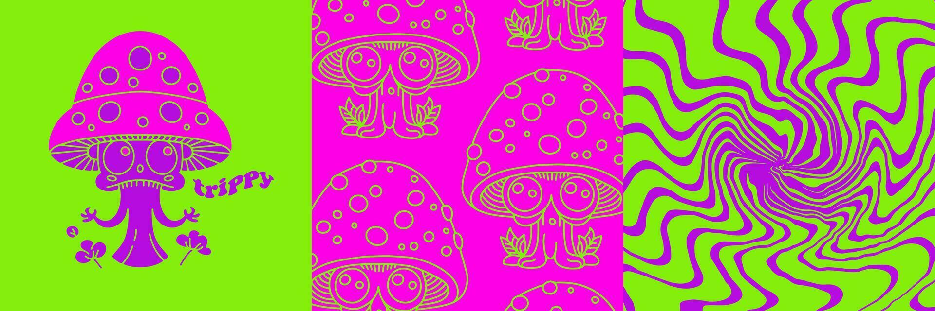 Retro psychedelic hippie posters with trippy mushrooms and fluid acid background. 70s abstract covers with crazy fungus. Bright alien characters. Vector design.