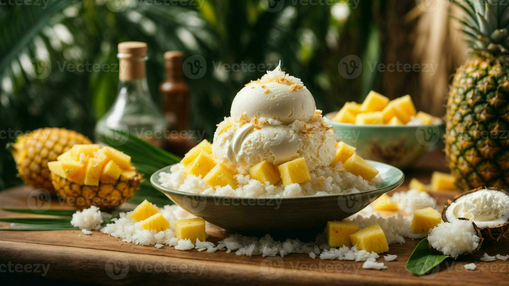 A tropical paradise with a scoop of coconut ice cream background image AI Generative photo
