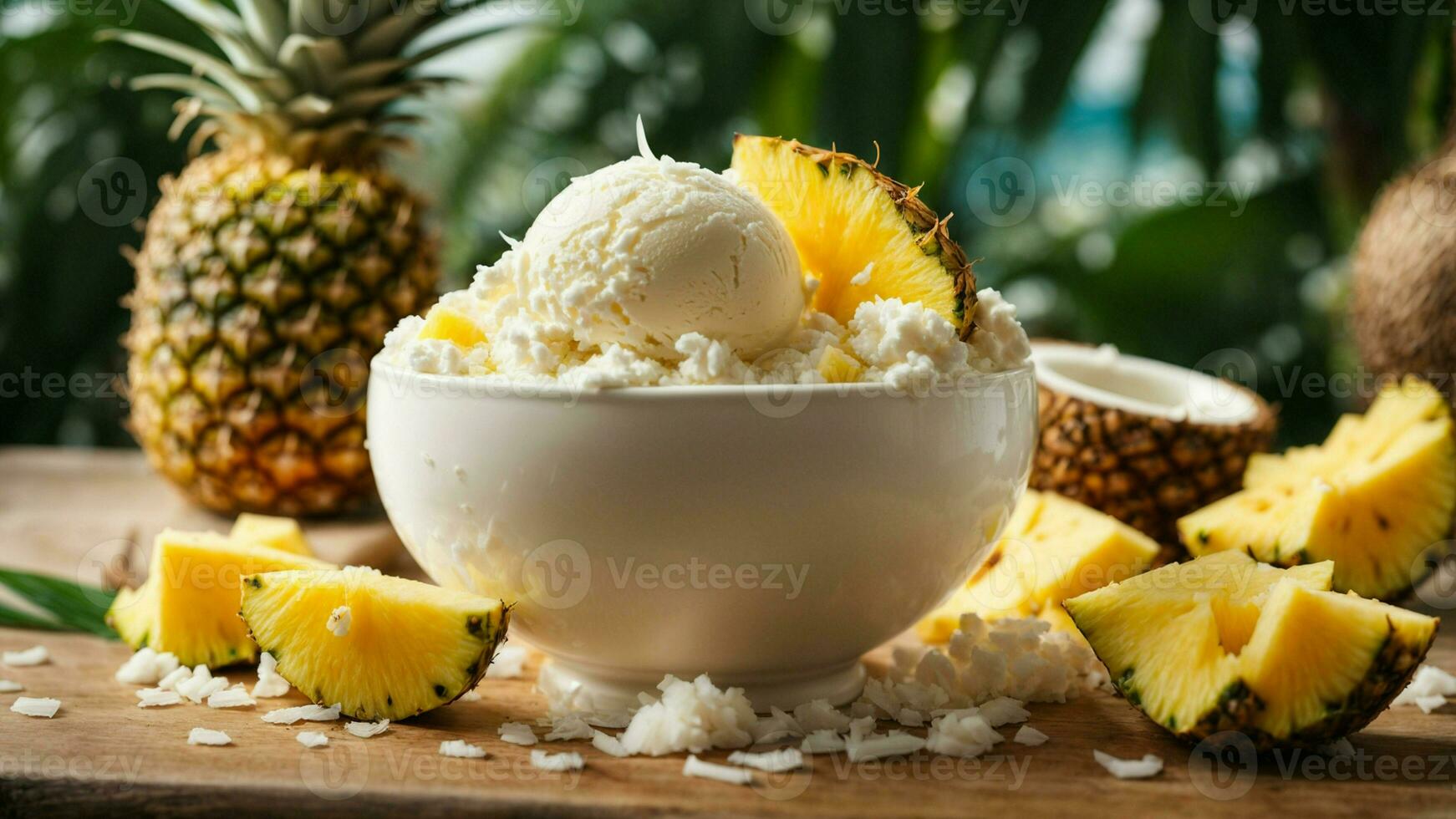 A tropical paradise with a scoop of coconut ice cream background image AI Generative photo