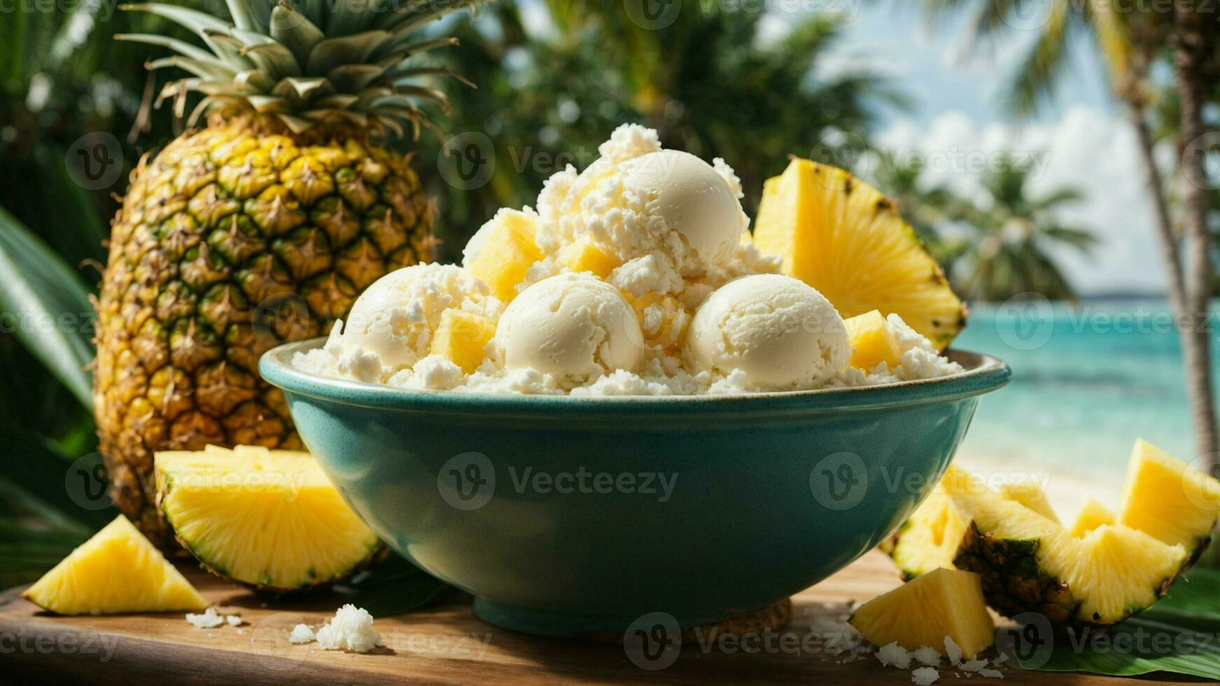 A tropical paradise with a scoop of coconut ice cream background image AI Generative photo
